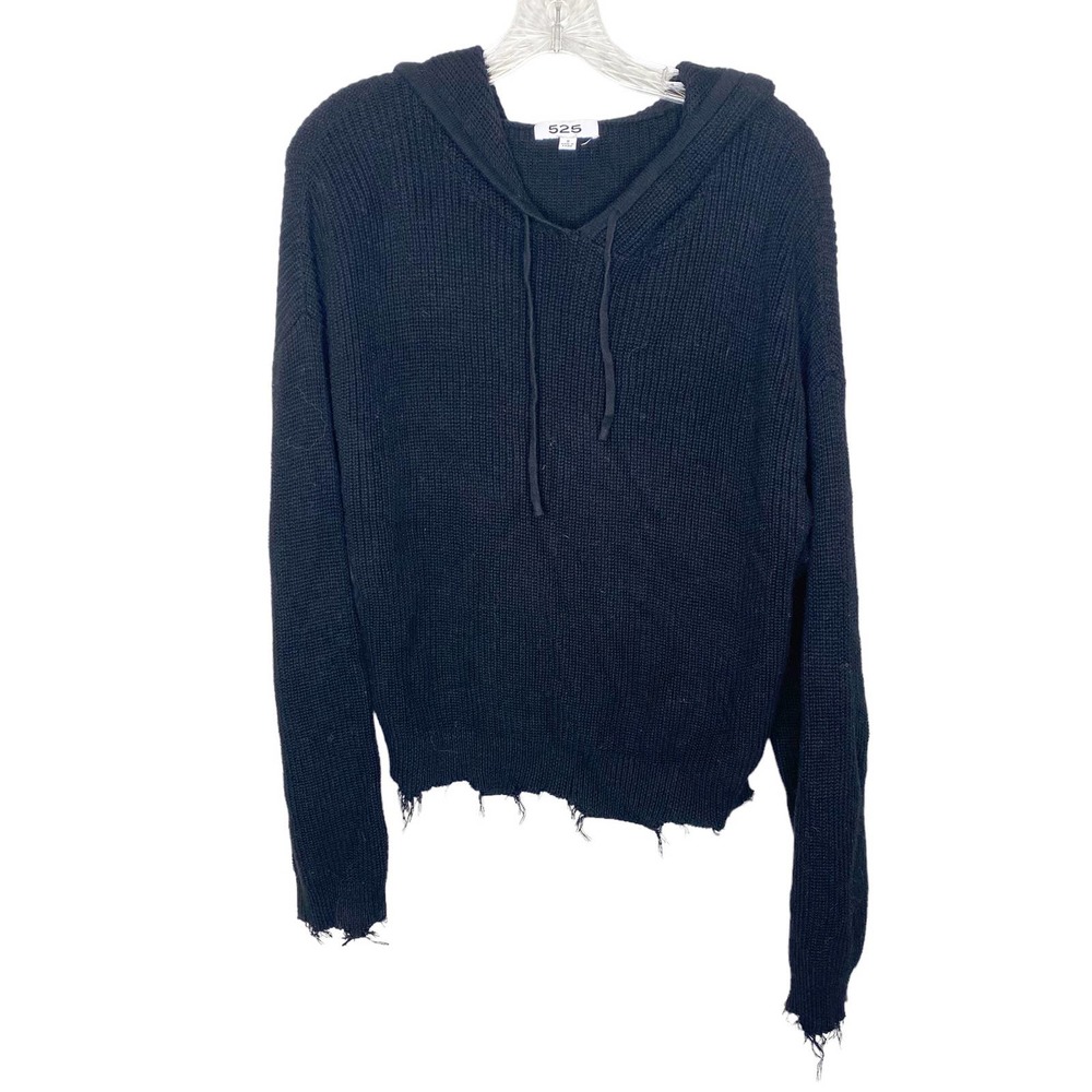 525 Women's Hoodie Sweatshirt Knit Ribbed Raw Hem Long Sleeve Black Size Small